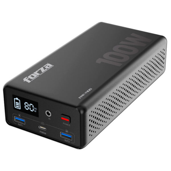 Estacion de poder portátil Forza 100W (5V/9V/12V CC, 2x USB-A, 1x USB-C, 1x 110V CA)
