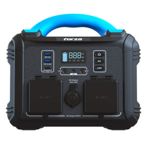 Estacion de poder portátil Forza 300W (5V/9V/12V CC, 2x USB-A, 1x USB-C, 2x 110V CA, 1x toma de corriente auxiliar, Lampara LED)