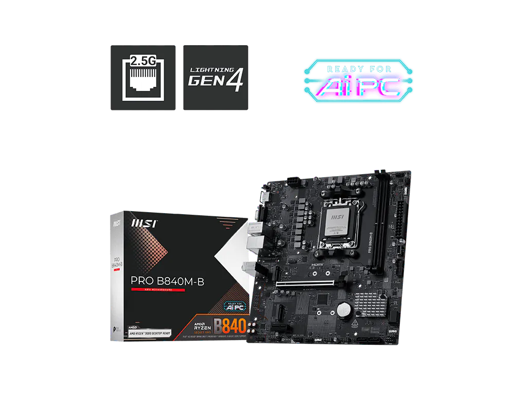 Motherboard MSI PRO B840M-B (AM5, 2x DDR5, 2x M.2, 3x ARGB, 1x RGB, 2.5Gbps LAN)