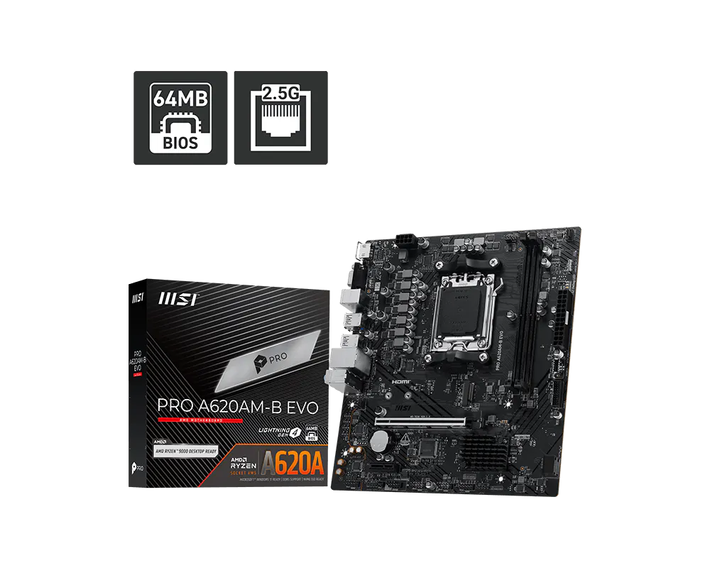 Motherboard MSI PRO A620AM-B EVO (AM5, 2x DDR5, 1x M.2, 2x ARGB, 2.5Gbps LAN)