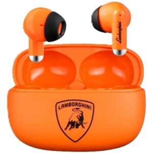 Audífonos inalámbricos Bluetooth TWS Lamborghini Mini compactos con estuche de carga naranja