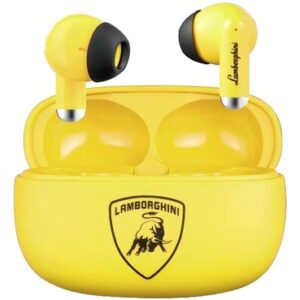 Audífonos inalámbricos Bluetooth TWS Lamborghini Mini compactos con estuche de carga amarillo