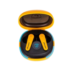 Audífonos inalámbricos Bluetooth Lamborghini TWS 600 color amarillo con estuche de carga y sonido estéreo